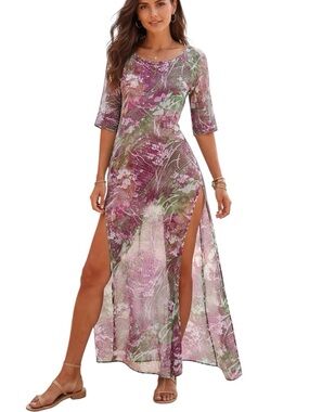 Womens Silk Floral Burnout Kaftan Maxi Dress Sheer Slits Boho Minimalist